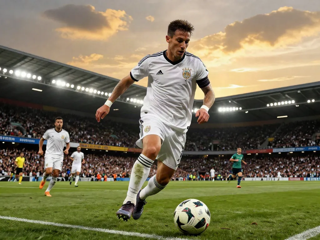 TOP10ตำนานนักเตะ showcasing a legendary player skillfully dribbling past opponents in a vibrant stadium atmosphere.