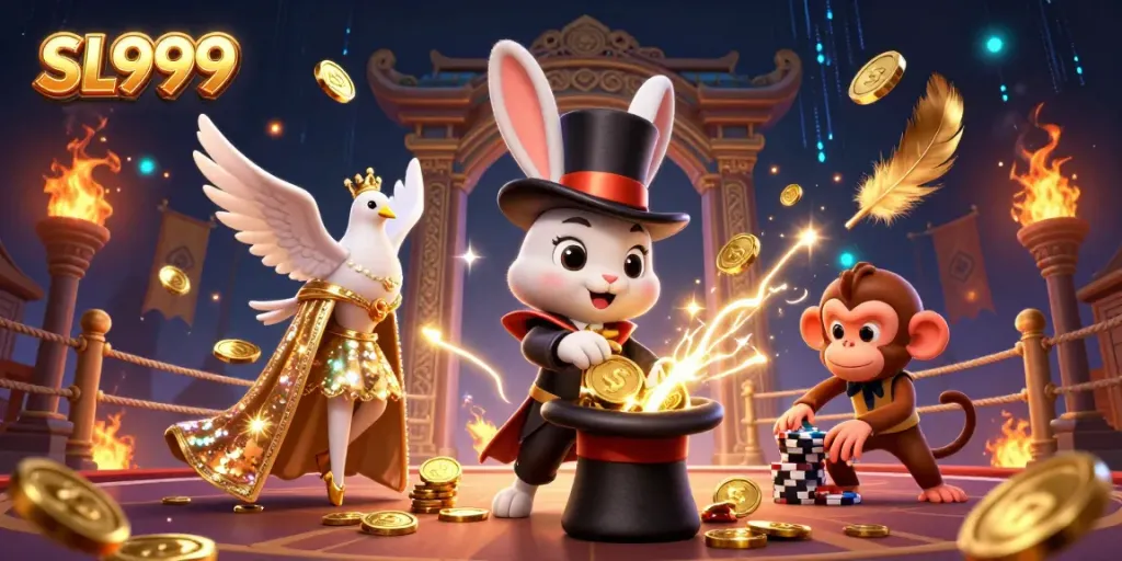 Celebrate your wins with SL999 in this vibrant 3D casino scene featuring magical characters and dynamic elements.