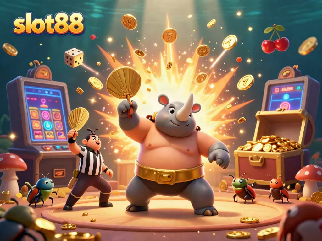 Experience slot88 excitement with a colorful scene of a rhinoceros beetle champion and spectacular slot machine bursting with coins.