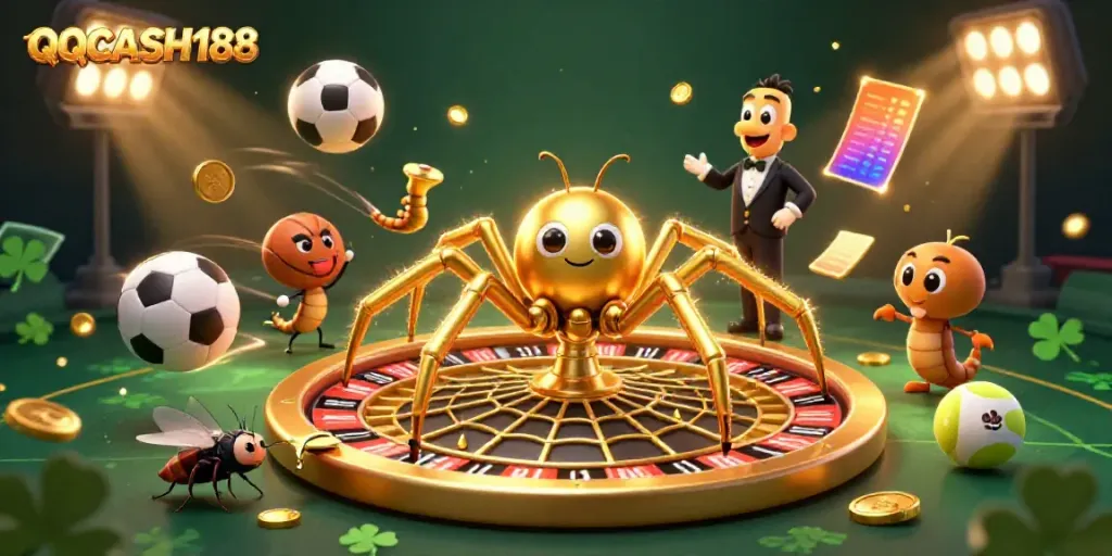 Experience QQCASH188 as a dynamic gambling scene with a golden spider and lively sports elements.