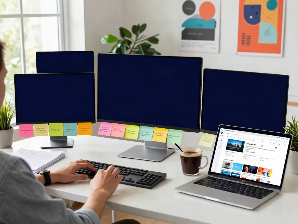 Engaging digital workspace with multiple monitors showcasing 주소모음 links, inspiring atmosphere for web navigation.
