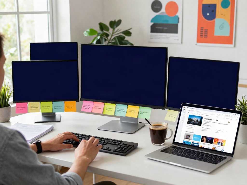 Engaging digital workspace with multiple monitors showcasing 주소모음 links, inspiring atmosphere for web navigation.