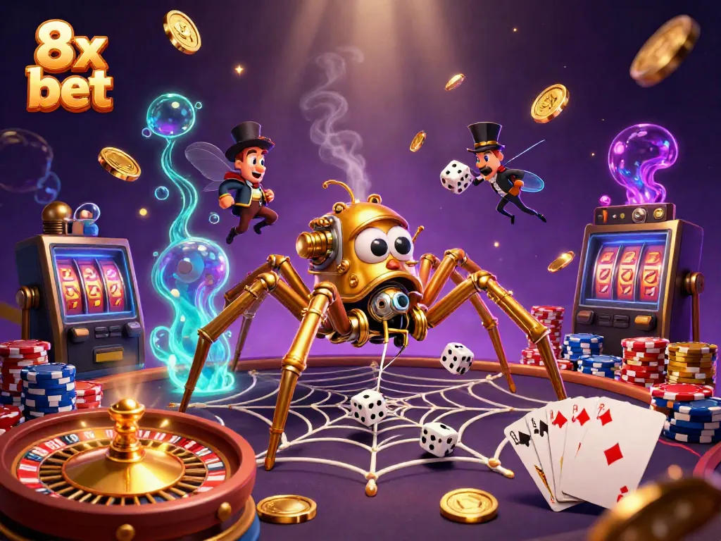 Experience thrilling moments with 8x bet in a vibrant steampunk casino-themed illustration.
