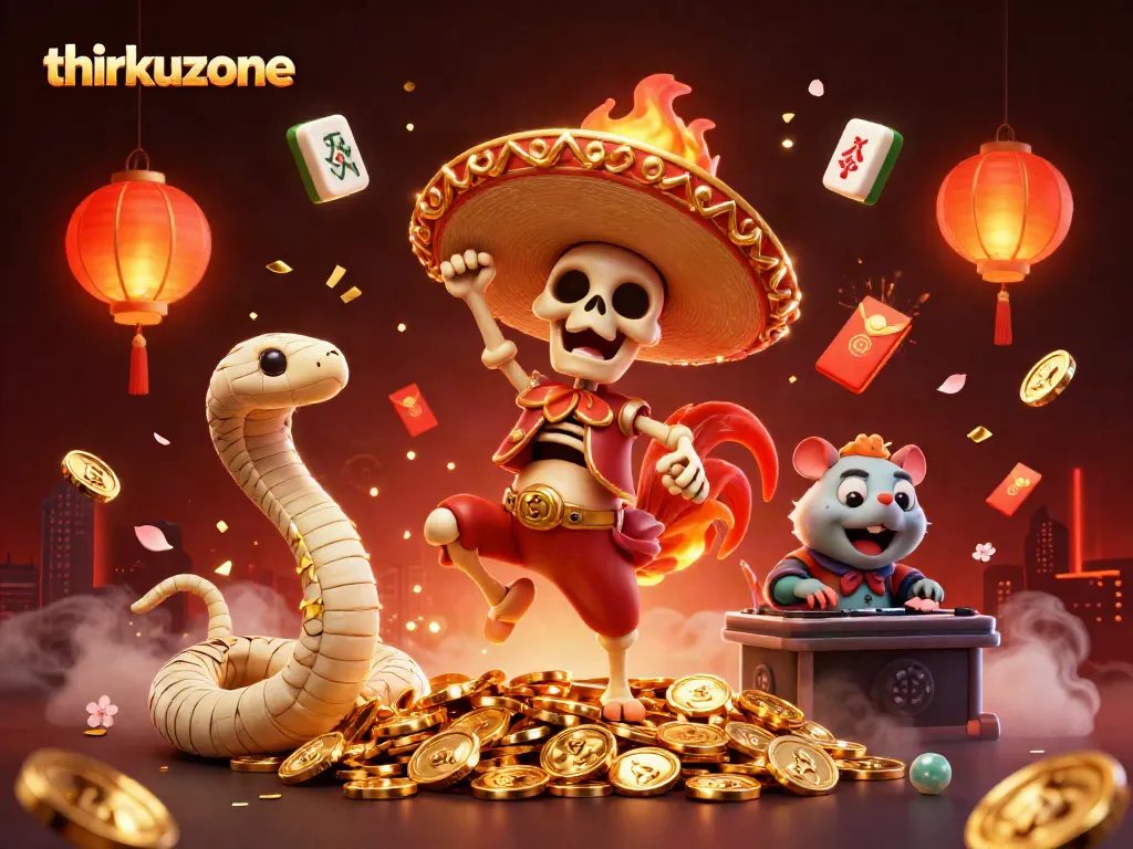 Experience the thrill of thrkuzone with this vibrant casino scene featuring cartoon characters celebrating amidst golden coins.