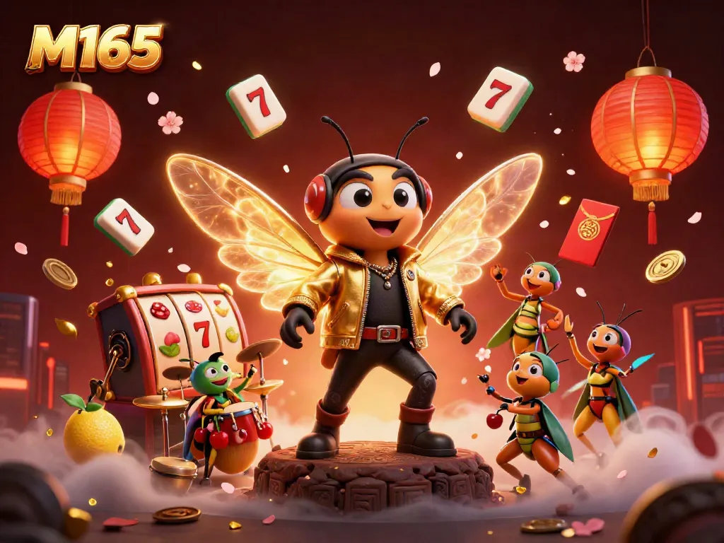 Experience the thrilling energy of M165 with a vibrant scene featuring a rock star cicada amidst casino elements