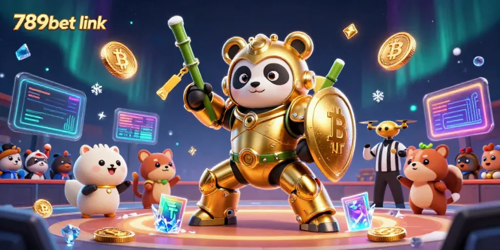 Engage with exciting 789bet link as a golden panda battles in a vibrant 3D casino arena.