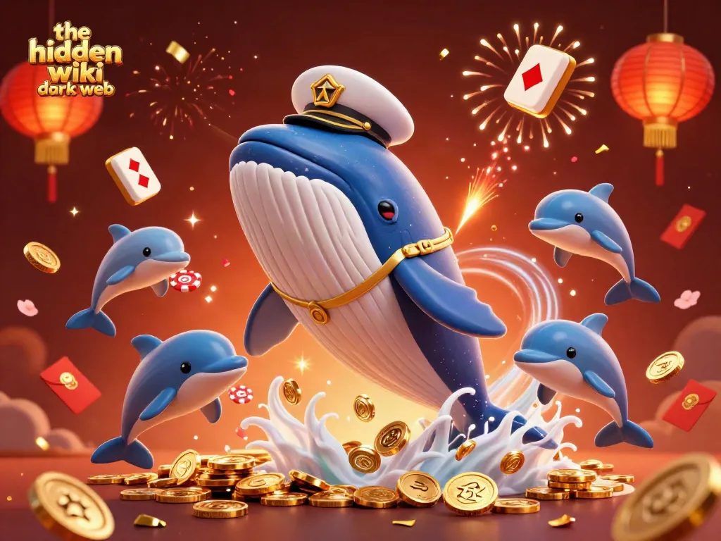 The hidden wiki dark web showcases playful dolphins and a whale amid casino coins.