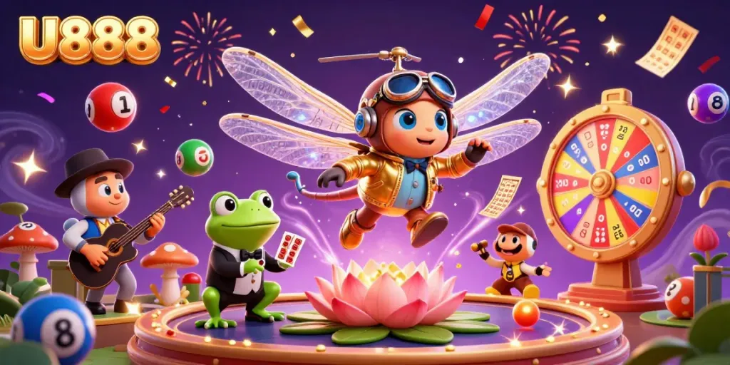 Experience the U888 excitement in a vibrant casino scene with colorful elements and dynamic characters.