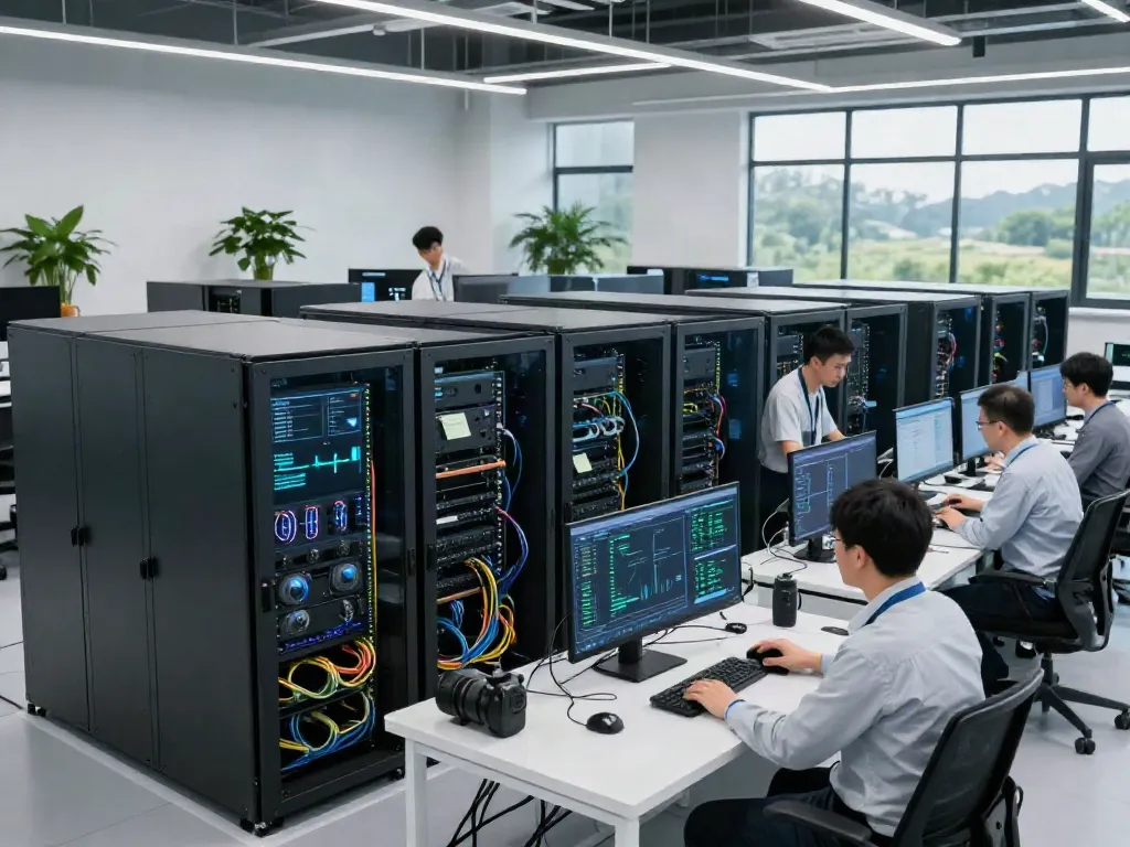 Engineers collaborating in an AI data center with advanced GPUs and analytics displays.