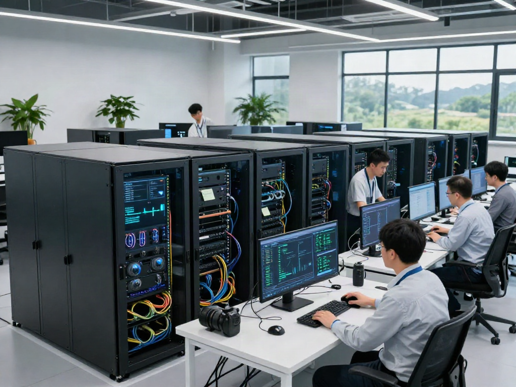 Engineers collaborating in an AI data center with advanced GPUs and analytics displays.