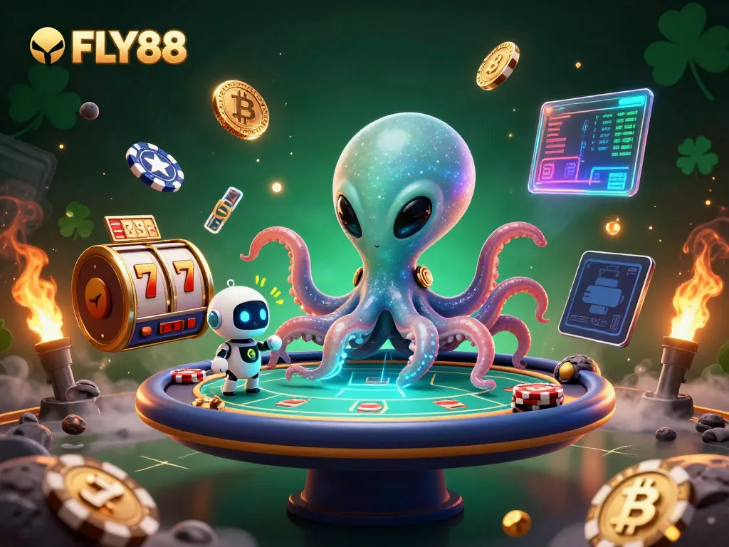 Experience the excitement of FLY88 casino with an alien octopus at a holographic poker table.
