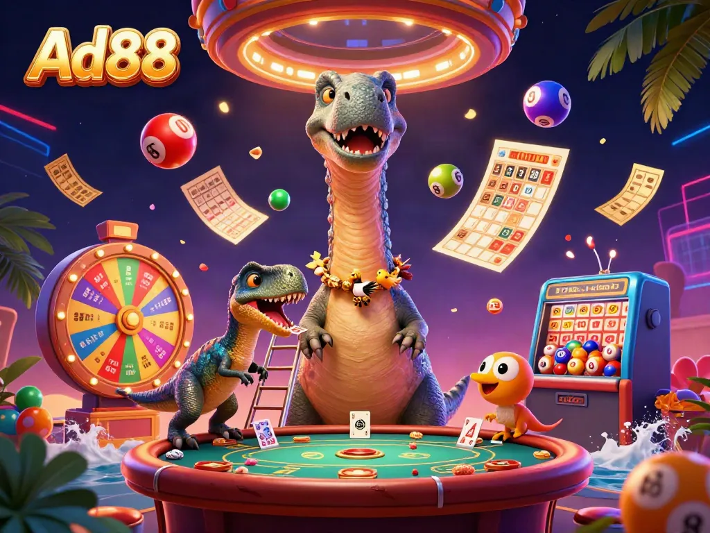 Engage in the vibrant world of Ad88 with a 3D casino scene featuring exciting games and colorful lottery elements.