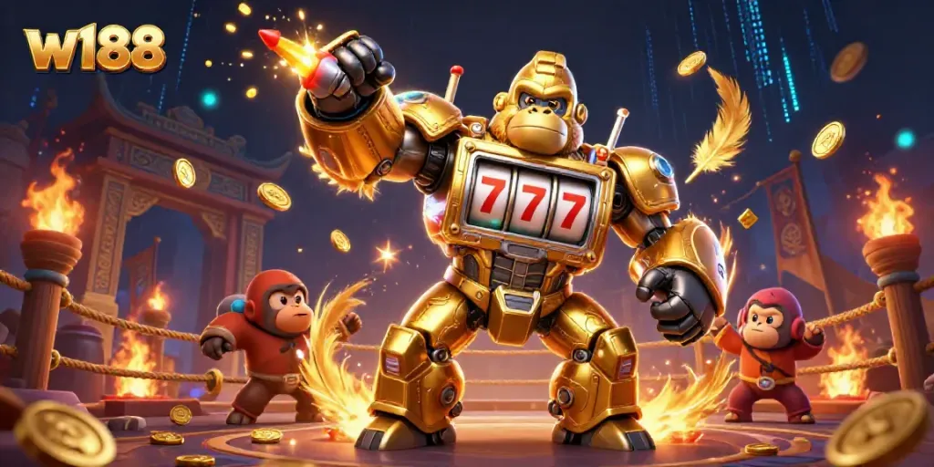Engage with thrilling gameplay at w188 with an explosive 3D golden gorilla mech and immersive casino elements.