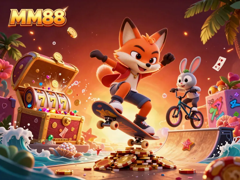 Experience thrilling MM88 moments with vibrant casino-themed 3D art featuring a skateboarding fox.