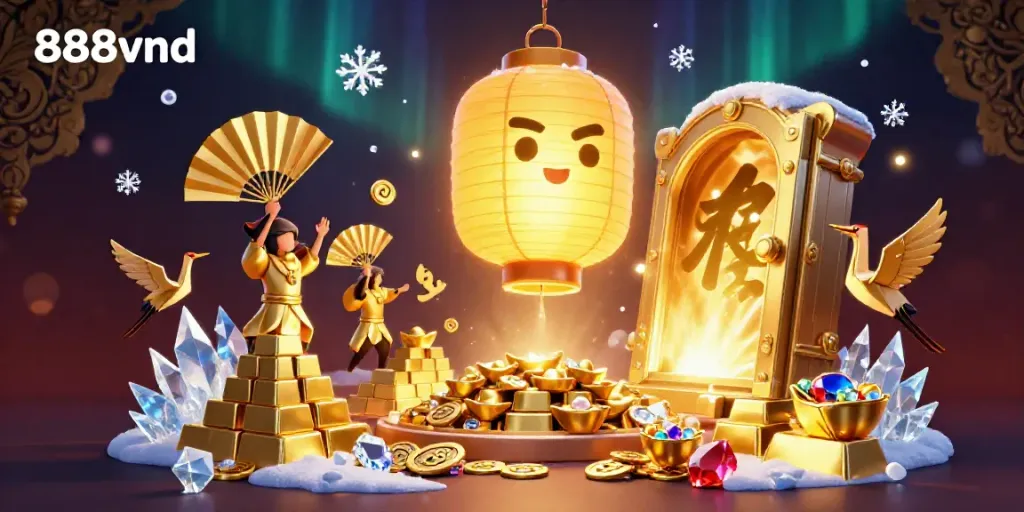 Experience winning moments with 888vnd in this festive casino scene filled with vibrant characters and treasures.