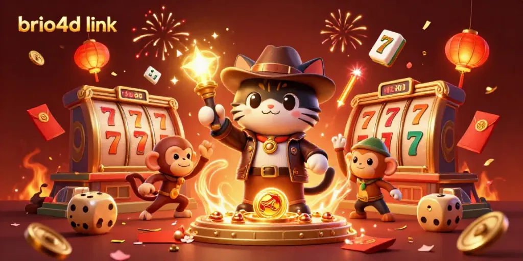 Engage with the thrilling brio4d link illustration showcasing a 3D explorer cat discovering casino treasures amidst festive elements.