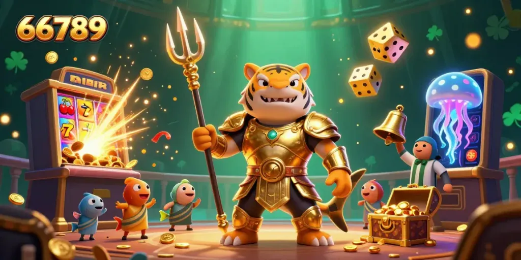 Engage with 66789's vibrant casino experience featuring a golden shark and lively game elements.