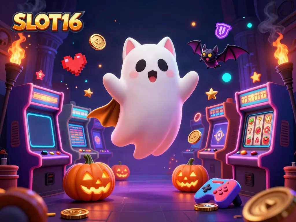 SLOT16 captures a whimsical scene of a ghost cat and vampire bat in a haunted casino, surrounded by colorful gaming elements.