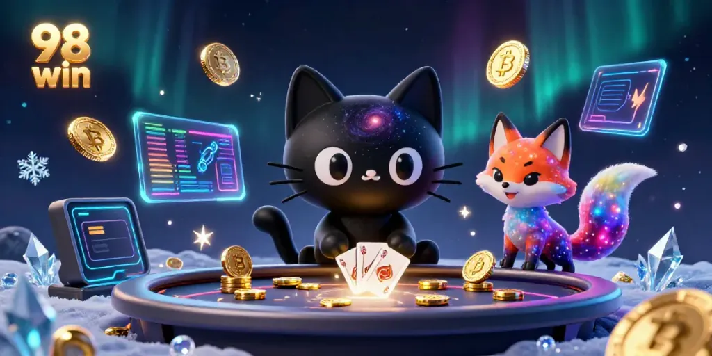 Engage with 98 win's cosmic casino featuring a black hole cat and colorful fox in a vibrant gambling scene