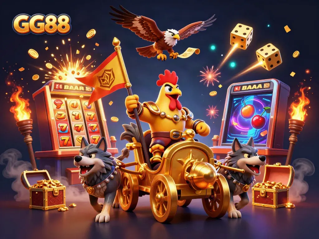 Experience thrilling entertainment at GG88 with a 3D scene showcasing a rooster warlord in action.