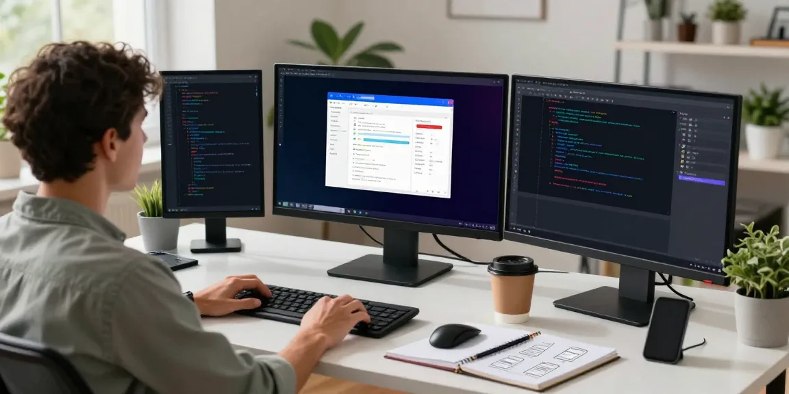 Developer managing APK files in a modern home office setup.