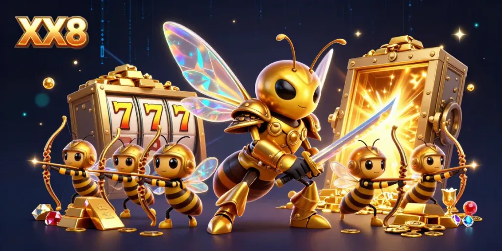 Join in the excitement at XX8 with a vibrant illustration showcasing a bee squad in a casino setting.