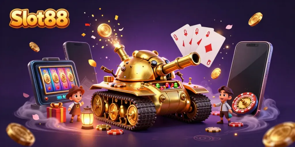 Engage with Slot88 on a dynamic 3D cartoon casino scene featuring golden beetle tank and vibrant gaming elements.