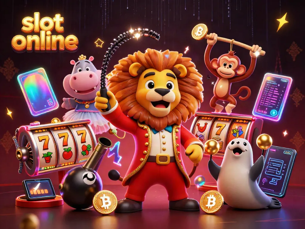 Engage with the excitement of slot online games illustrated by a vibrant circus scene filled with dynamic elements.