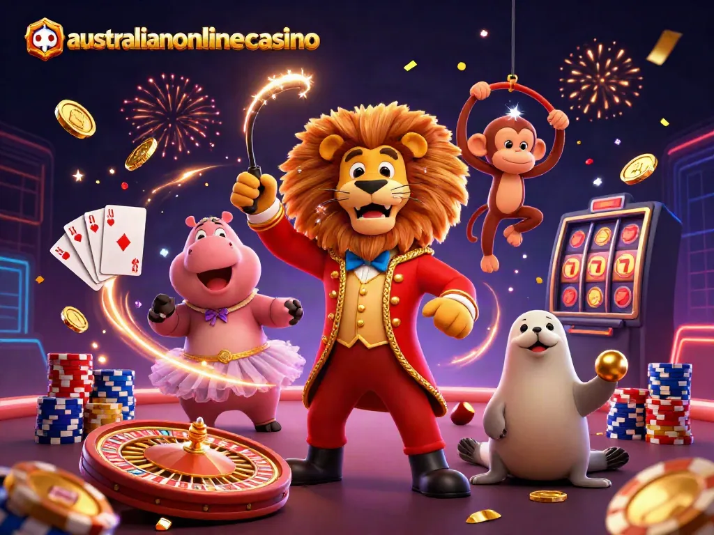 Engaging scene of circus characters celebrating at an australianonlinecasino, featuring playful elements and casino games.