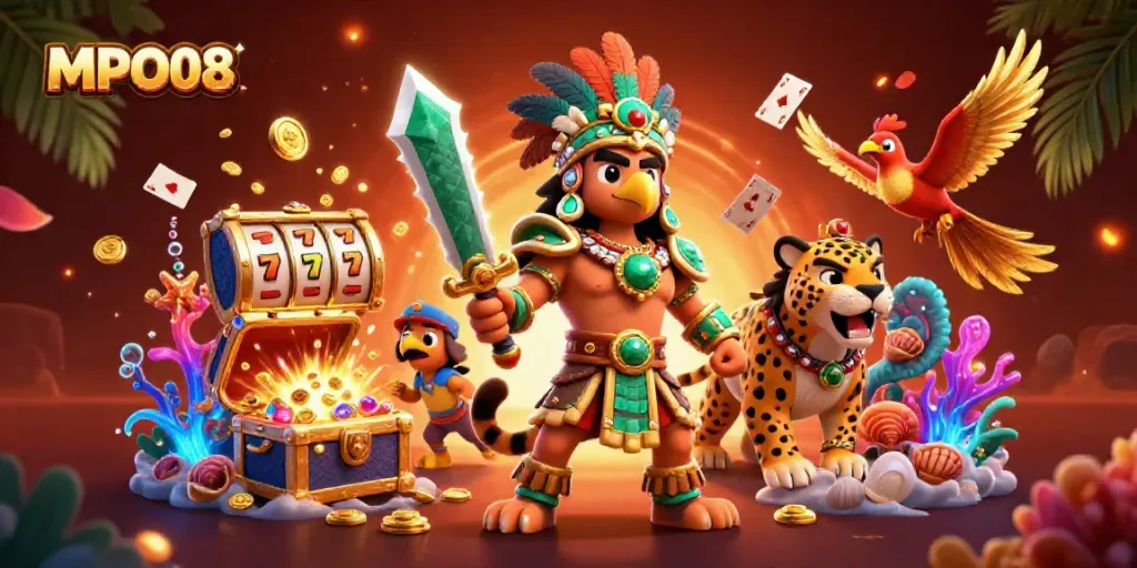 Experience thrilling gameplay in MPO08 with an Aztec warrior, colorful gems, and dynamic slot symbols.