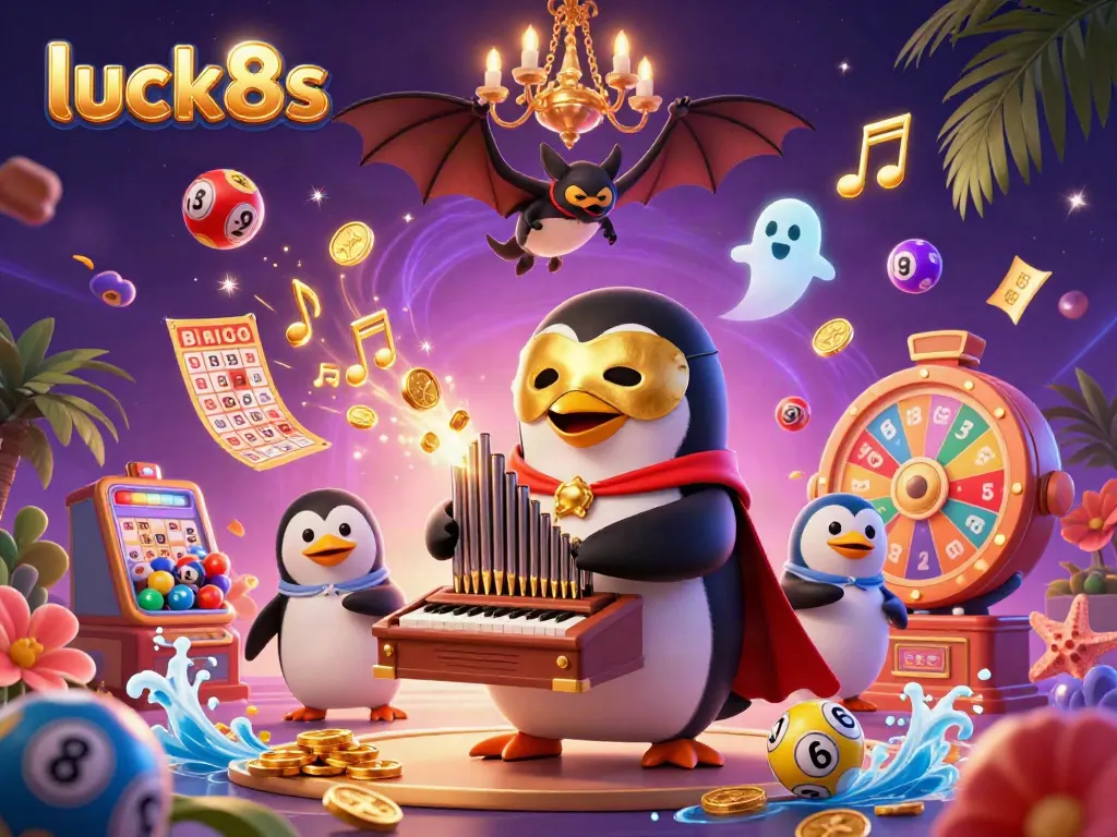 Experience the excitement of luck8s with our dynamic casino-themed illustration featuring a penguin organist and vibrant gaming elements.