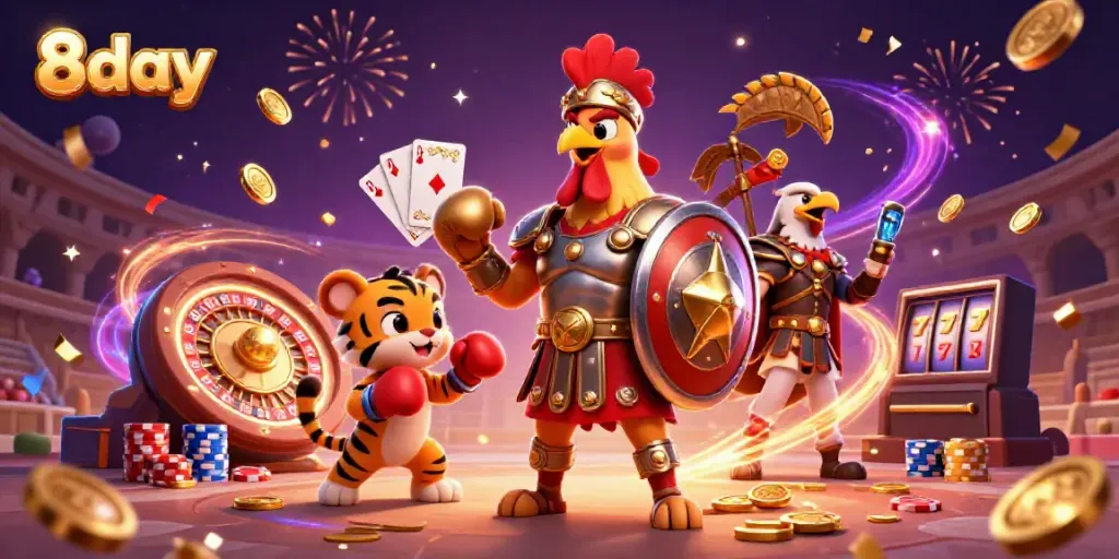 Experience excitement at 8day casino with a dynamic scene featuring a rooster champion and gambling elements.