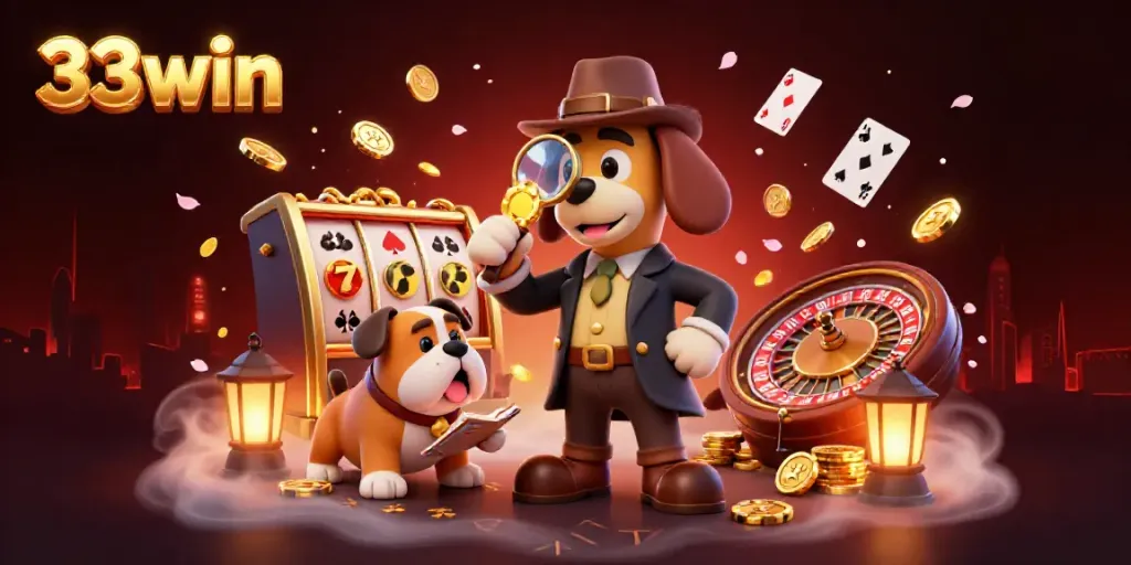 Engage with 33win as the detective investigates a golden poker chip surrounded by dynamic casino elements.
